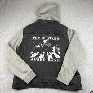 The Beatles Denim Jacket Womens XL Black Abbey Road Hooded Hybrid Graphic